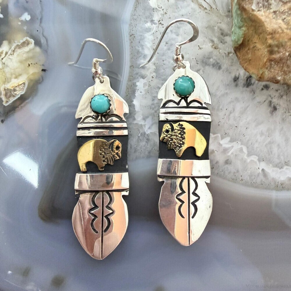 Tommy & Rosita Singer Sterling Silver & GF Bison w/Turquoise Dot Dangle Earrings